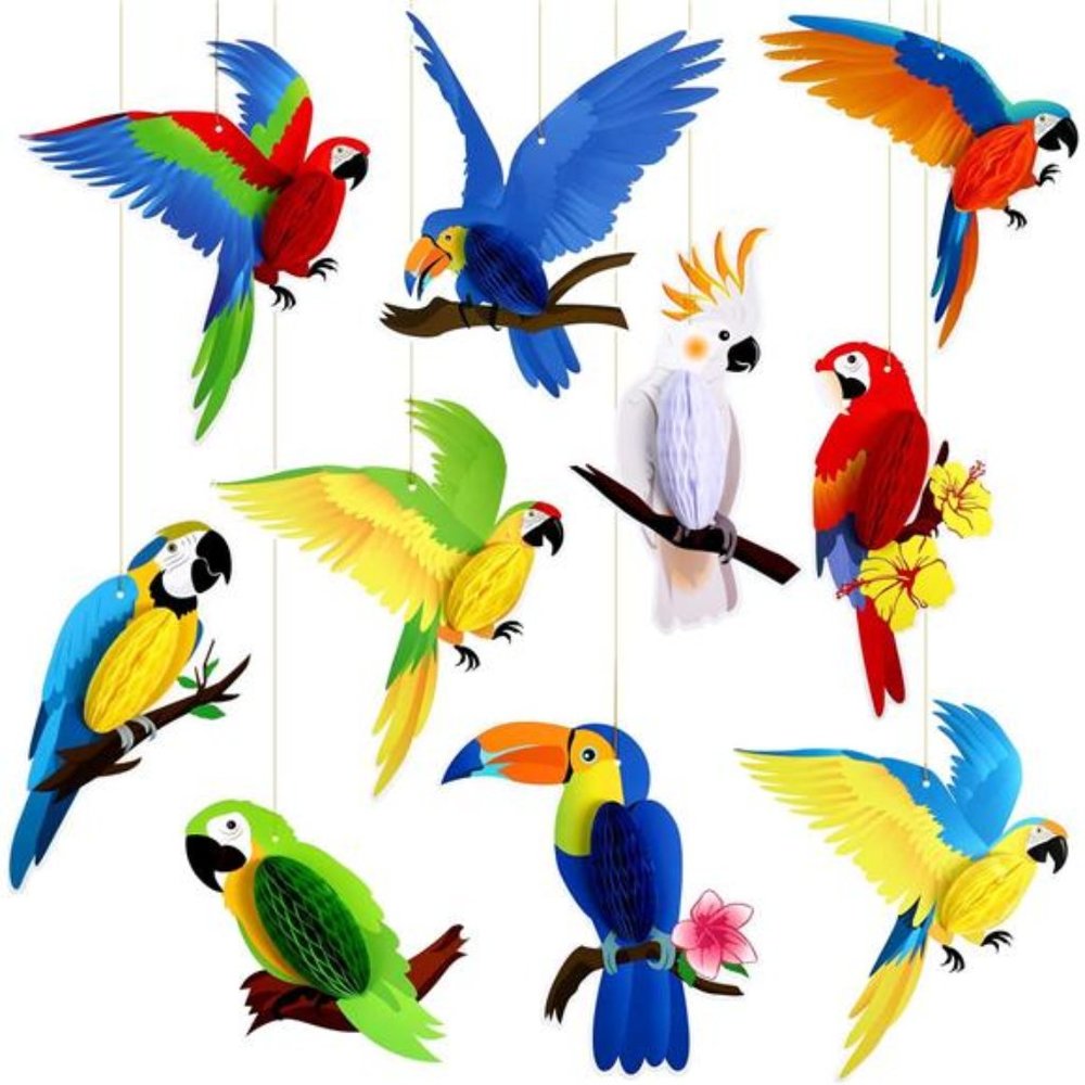 10Pieces Tropical Birds Honeycomb Paper Cutouts,Parrot Honeycomb,Hawaiian Summer